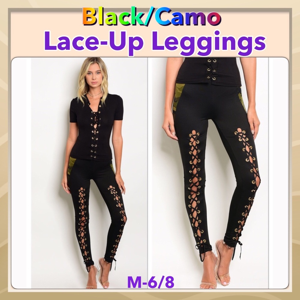 🐣New.List🆕Front Lace-Up Leggings, Black/Camo - Picture 2 of 2